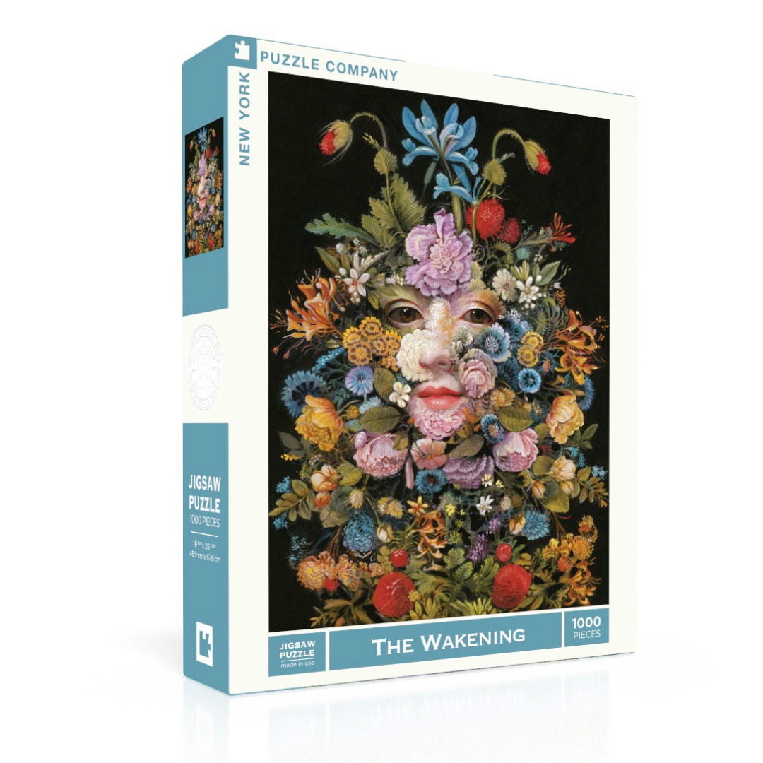 Jigsaw puzzle box titled 'The Wakening' with floral design on a white background