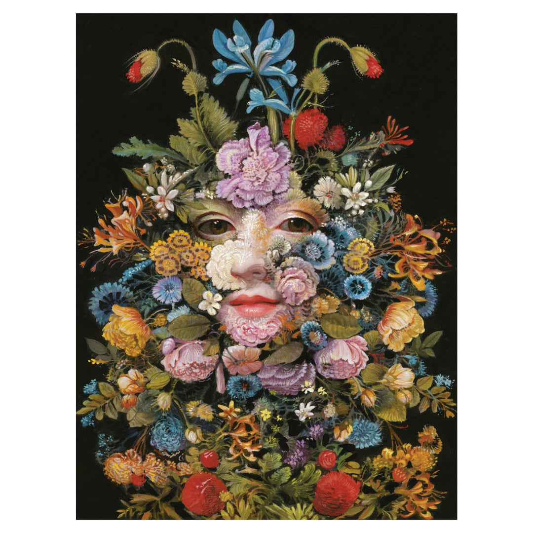 Artistic depiction of a face surrounded by colorful flowers on a black background