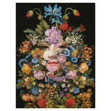 Artistic depiction of a face surrounded by colorful flowers on a black background