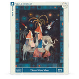 Puzzle box titled 'Three Wise Men' with illustrations of three wise men on donkeys and an elephant under a starry sky.