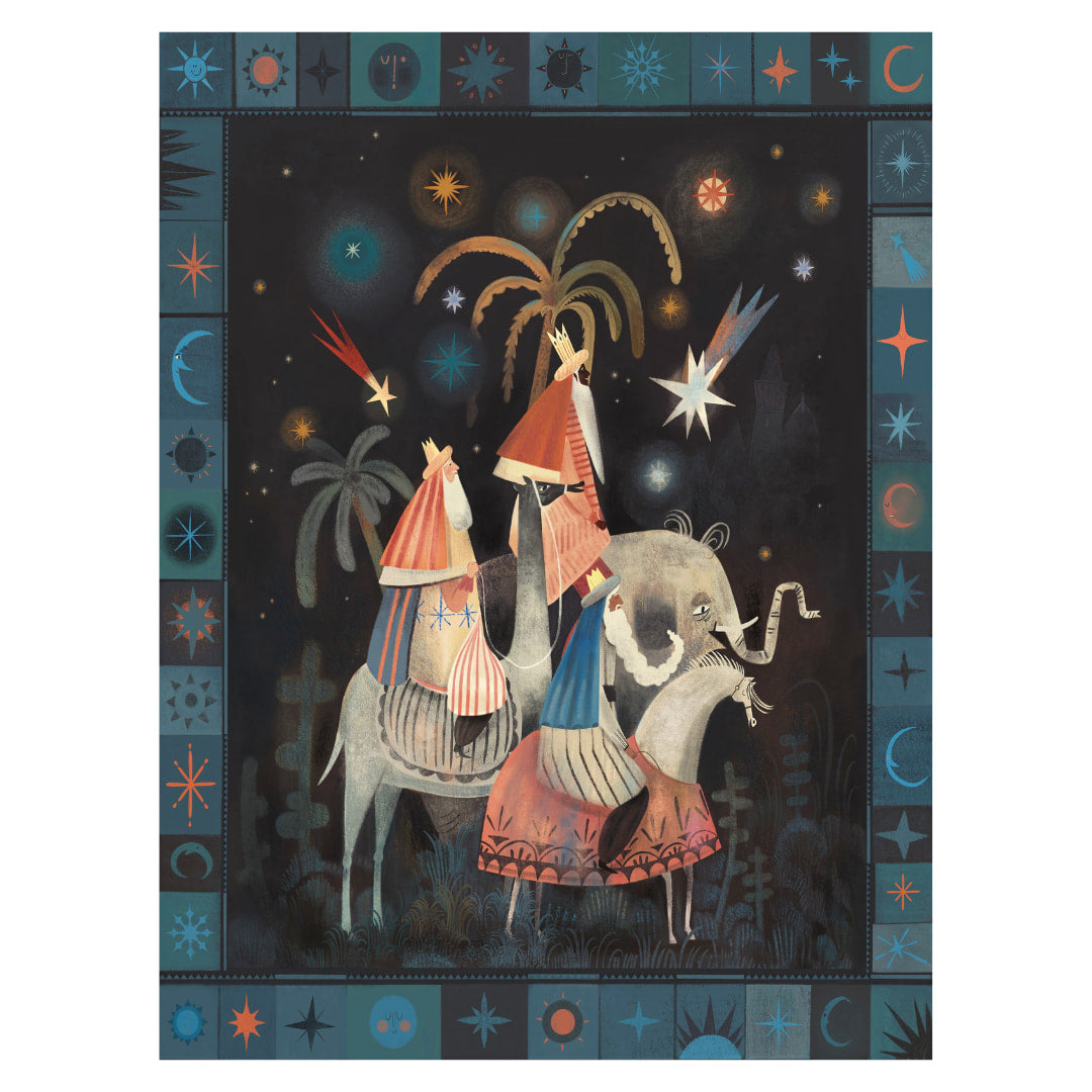 Artistic depiction of people on elephants with a starry night sky and festive hats.