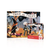 Halloween-themed puzzle box with 'Trick or Treat' text and illustrations of trick-or-treaters.