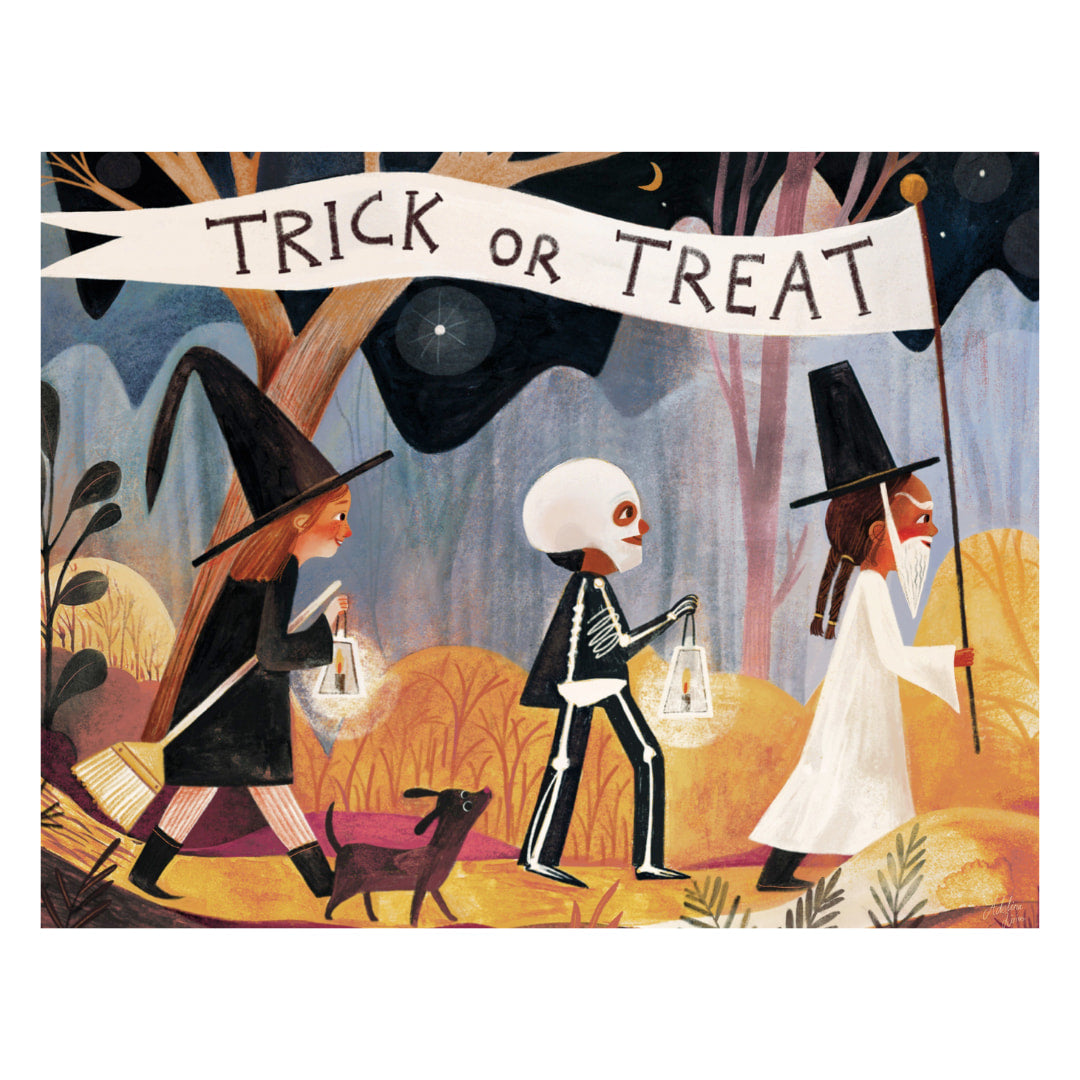 Halloween-themed illustration with a witch, skeleton, and ghost under a 'Trick or Treat' banner.