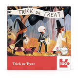 Jigsaw puzzle box with 'Trick or Treat' theme featuring Halloween characters and a dog.