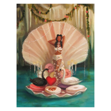 Woman in a shell with swans and candles in a fantasy setting