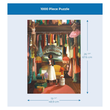 Puzzle box with an illustration of a woman in a vintage store and dimensions.