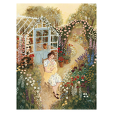 Woman in a garden with flowers and a greenhouse