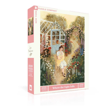 Jigsaw puzzle box with a garden scene and 'New York Puzzle Company' branding