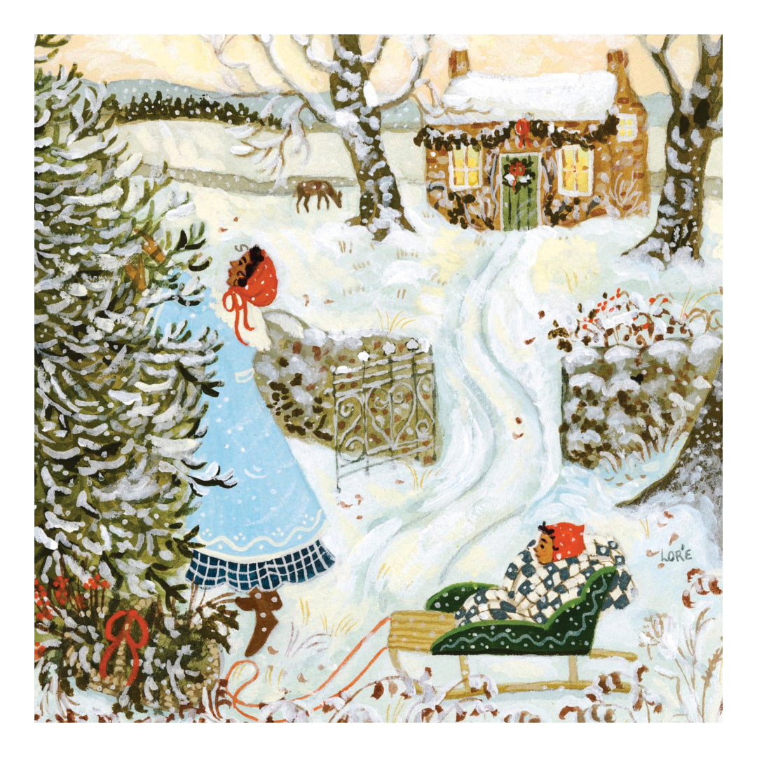 Winter scene with a person in a blue coat and red hat, a  child on a sled, and a house in the background.