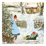 Winter scene with a person in a blue coat and red hat, a  child on a sled, and a house in the background.