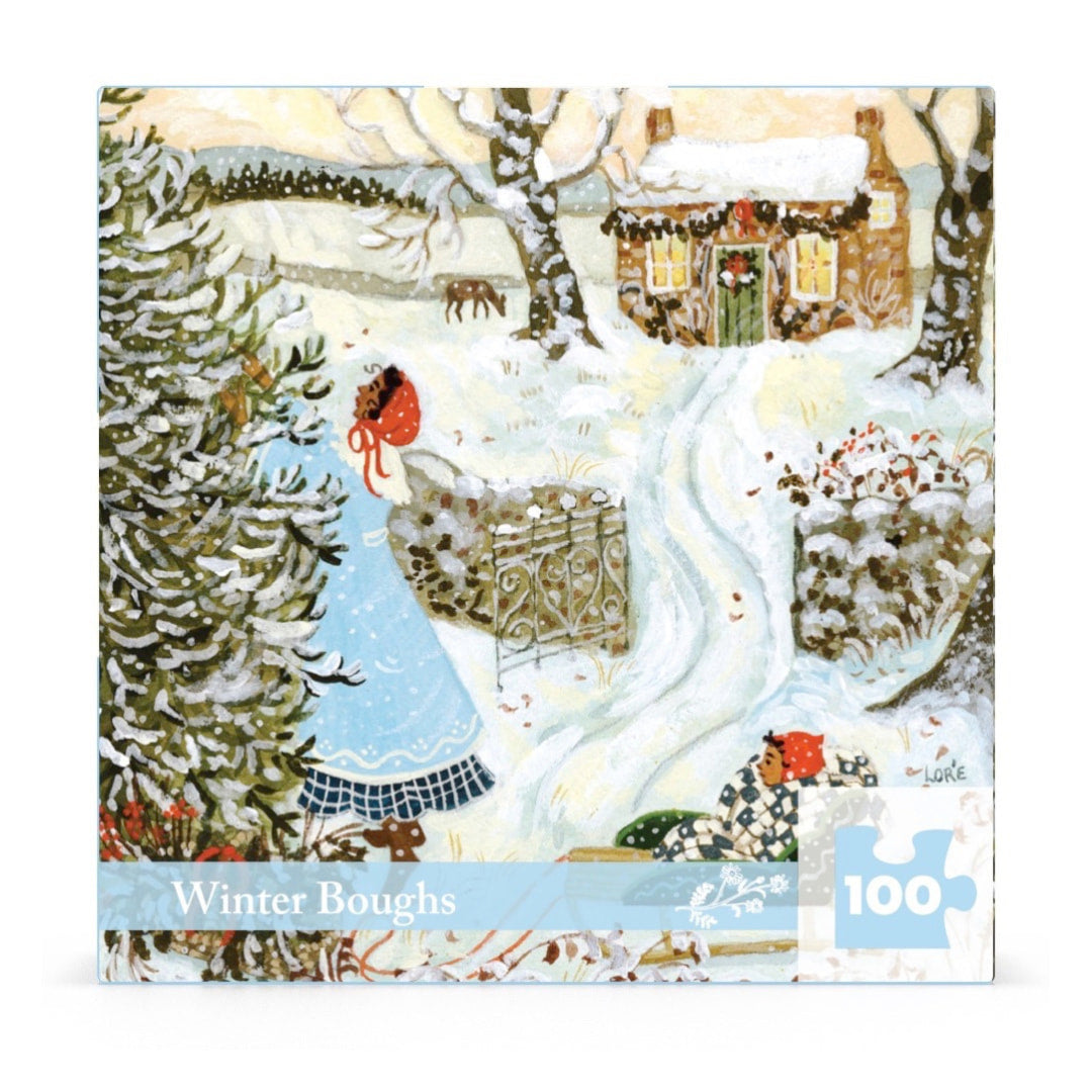 Jigsaw puzzle box with a winter scene design featuring a woman and snow-covered trees.