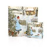 Jigsaw puzzle packaging with a winter scene design featuring a person and a house.