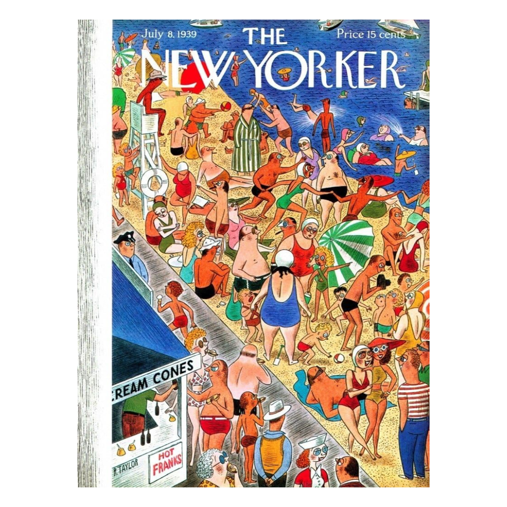 The New Yroker Magazine cover featuring an illustration of a summer beach scene with a lot of people on the sand