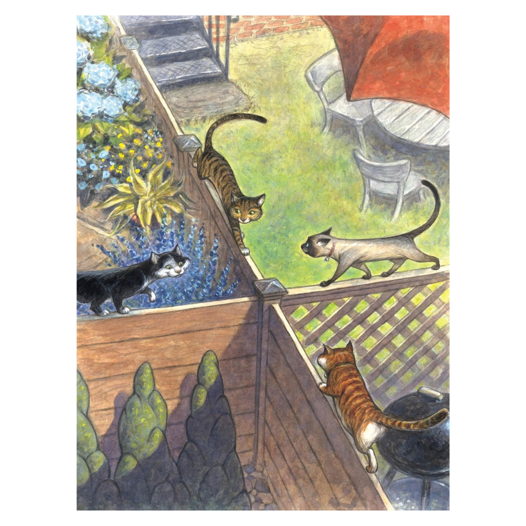 Illustration of cats walking on the top of intersecting fences with plants and furniture