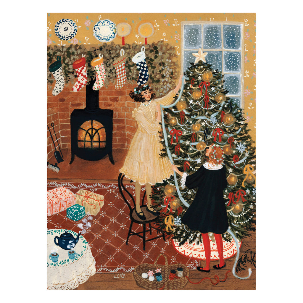 Illustration of a woman and child decorating a Christmas tree in a cozy room with stockings and a fireplace.
