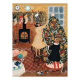 Illustration of a woman and child decorating a Christmas tree in a cozy room with stockings and a fireplace.