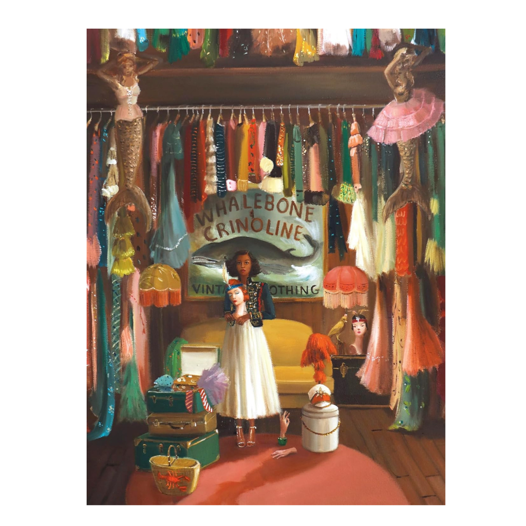 Colorful interior scene with a woman in a white dress standing in a room filled with vintage clothing and accessories.