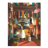 Colorful interior scene with a woman in a white dress standing in a room filled with vintage clothing and accessories.