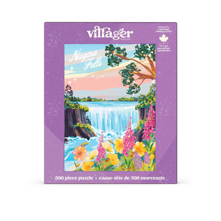 Villager puzzle box with a scenic illustration of Niagara Falls on a white background