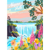 Colorful illustration of Niagara Falls with flowers and trees.