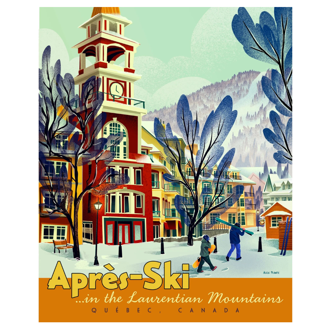 Vintage-style advertisement for Après-Ski in the Laurentian Mountains, Quebec, Canada featuring a clock tower and snowy landscape.