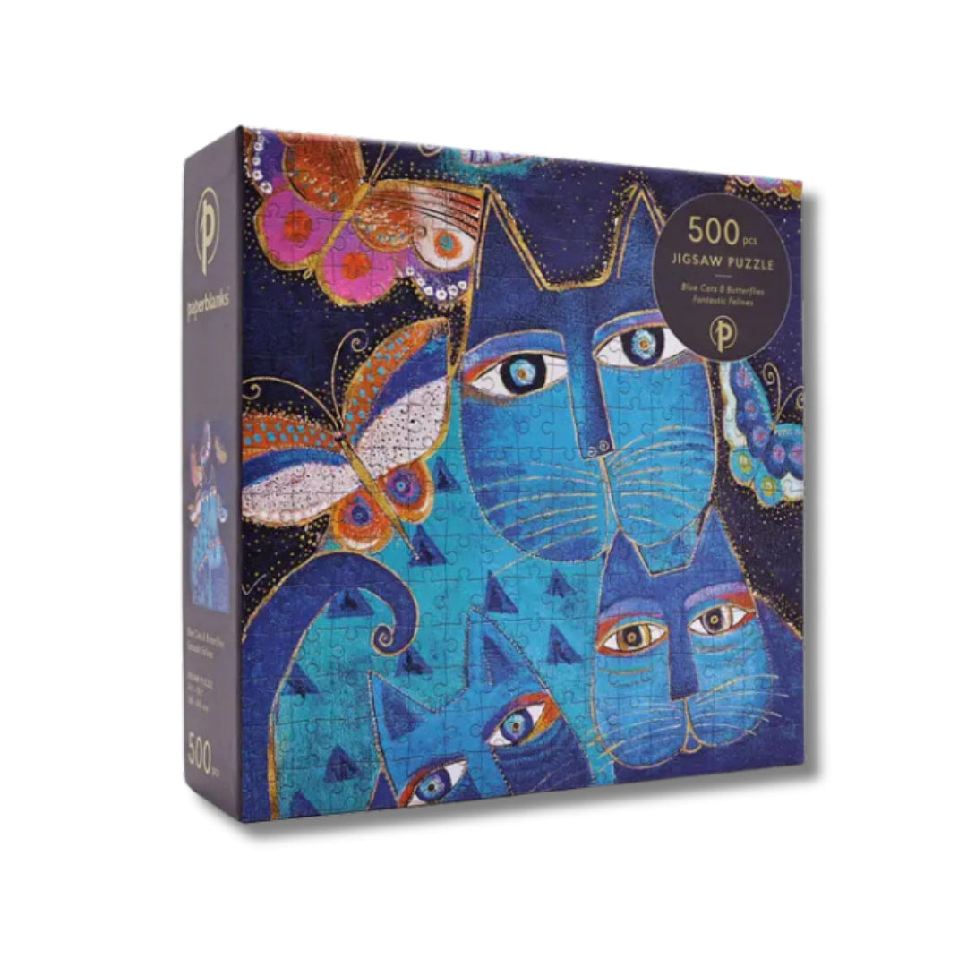 Paperblanks - Blue Cats & Butterflies Fantastic Felines 500 Piece Puzzle - The Puzzle Nerds