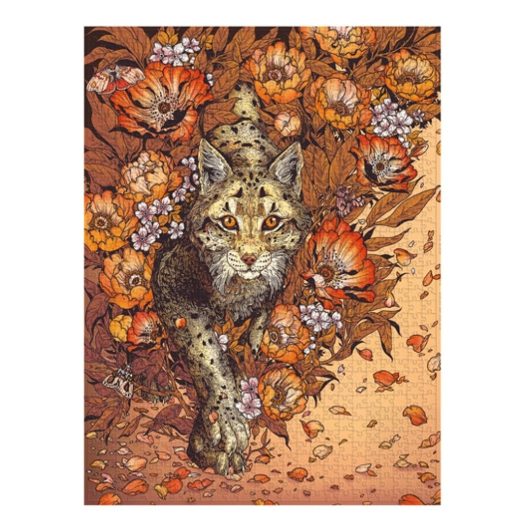 Illustration of a lynx surrounded by autumnal flowers and leaves on a textured background