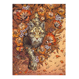 Illustration of a lynx surrounded by autumnal flowers and leaves on a textured background
