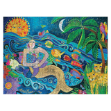 Colorful mosaic artwork of a mermaid surrounded by fish, plants, and animals on a white background.