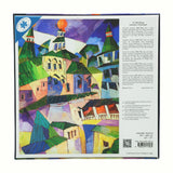 Jigsaw puzzle box with colorful abstract art of buildings and a river