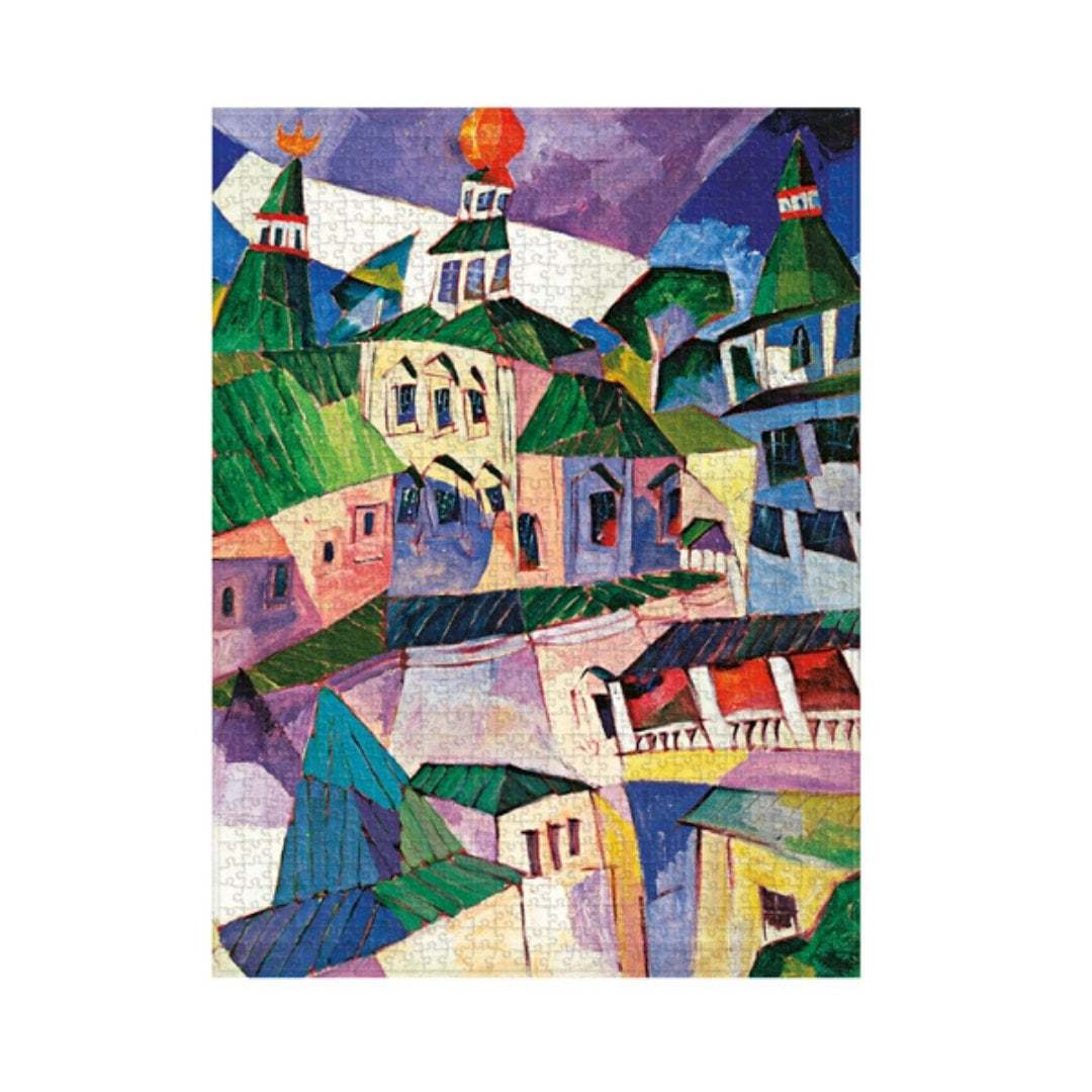 Colorful abstract painting of buildings on a white background