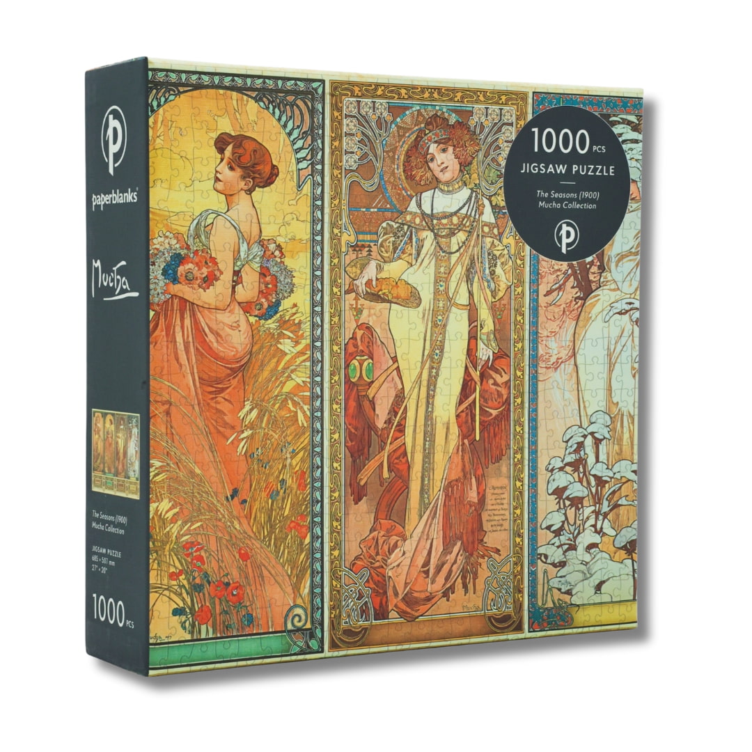 Jigsaw puzzle box with art nouveau design featuring four women and floral elements.