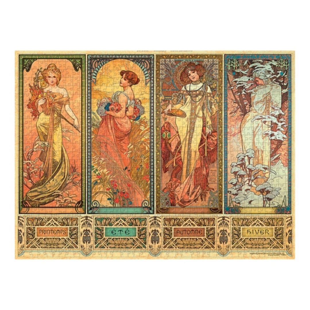Four panel artwork with stylized women in decorative frames on a white background