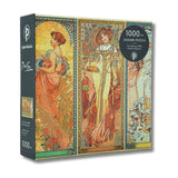 Jigsaw puzzle box with art nouveau design featuring four women and floral elements.