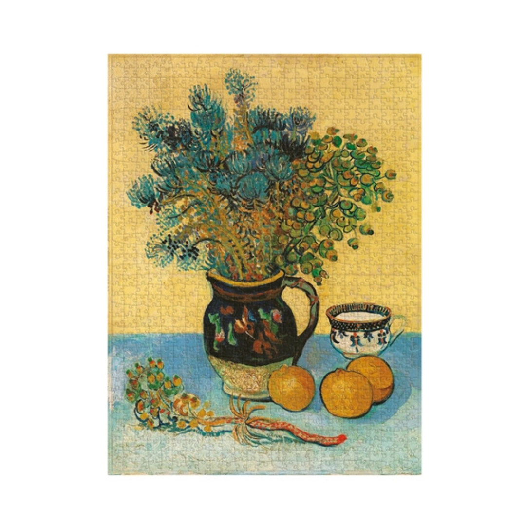 Jigsaw puzzle with a design of a vase with flowers and oranges on a table.