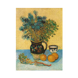 Jigsaw puzzle with a design of a vase with flowers and oranges on a table.