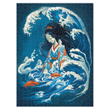 Jigsaw puzzle with a design of a woman in traditional attire surrounded by waves and fish.