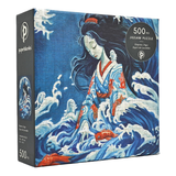 Jigsaw puzzle box with a design of a woman in a kimono surrounded by waves and fish, featuring the brand 'paperblanks'.