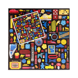 Puzzle image of top of the puzzle box and puzzle featuring small objects in primary colours
