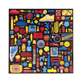 Collection of colorful vintage-style small objects on a black background