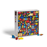 Jigsaw puzzle box featuring image of small objects in primary colours