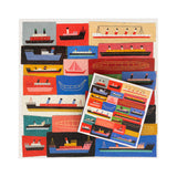 Completed jigsaw puzzle of boats on a  multi coloured background with image card of the puzzle