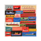 Completed jigsaw puzzle of various ships on coloured background