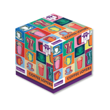 Jigsaw puzzle packaging in the shape of a cube featuring different drinking vessels and the text Coffee Lovers