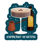 Illustration of an Espresso Martini with a bottle, coffee pot, and coffee beans on a blue background.