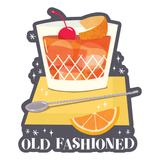 Illustration of an old fashioned cocktail with a cherry and orange slice on a white background