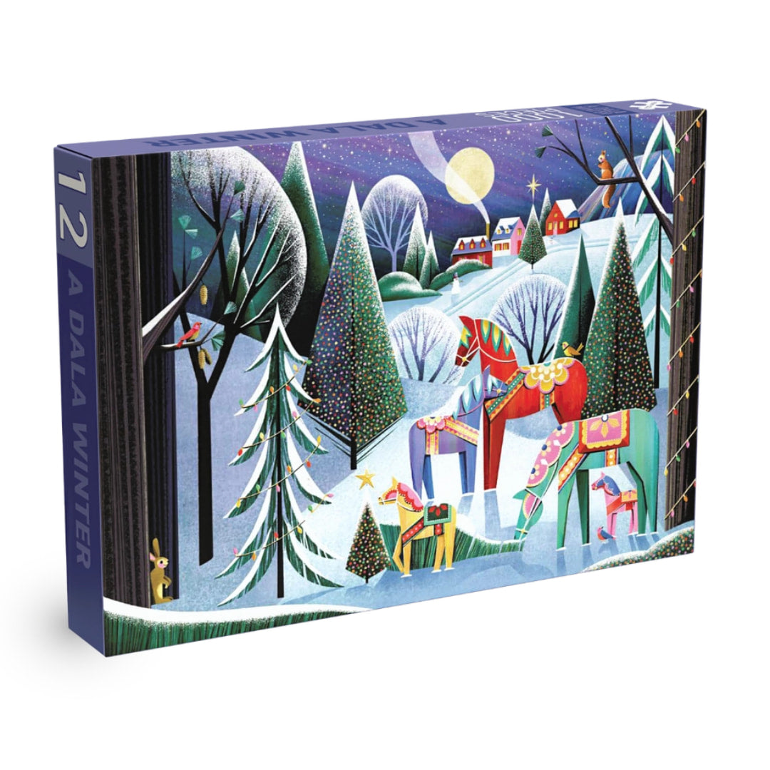 Jigsaw puzzle  box with winter scene and reindeer illustration