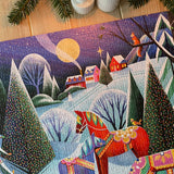 Jigsaw puzzle with a winter scene featuring a carousel horse, trees, and houses.