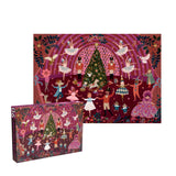 Jigsaw puzzle box with festive design featuring people and trees on a white background
