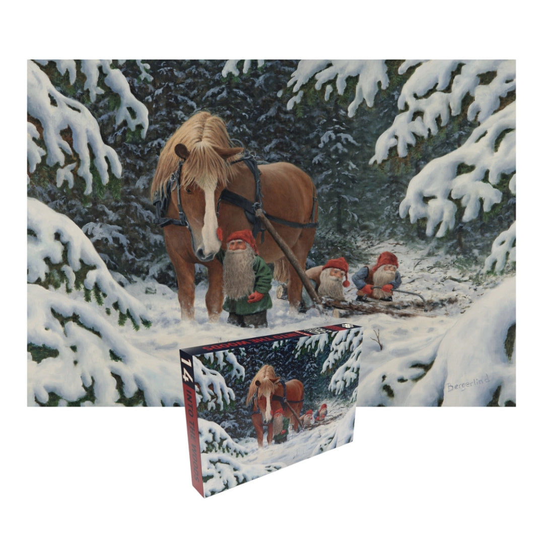 Jigsaw puzzle of a horse and two of Santa's dwarfs in a snowy landscape with a signature at the bottom right corner.
